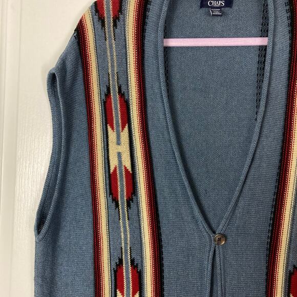 NWOT CHAPS Ralph Lauren Cardigan Sweater Vest 2X Aztec Open Blue Sleeveless 2Pkt - Picture 9 of 12